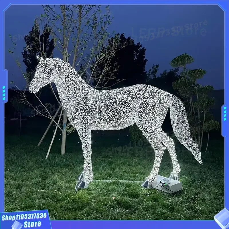 Life Size Stainless Steel Hollow Horse Statue Outdoor Garden Landscape Decoration Luminous Metal Sculpture Art for Yard Park