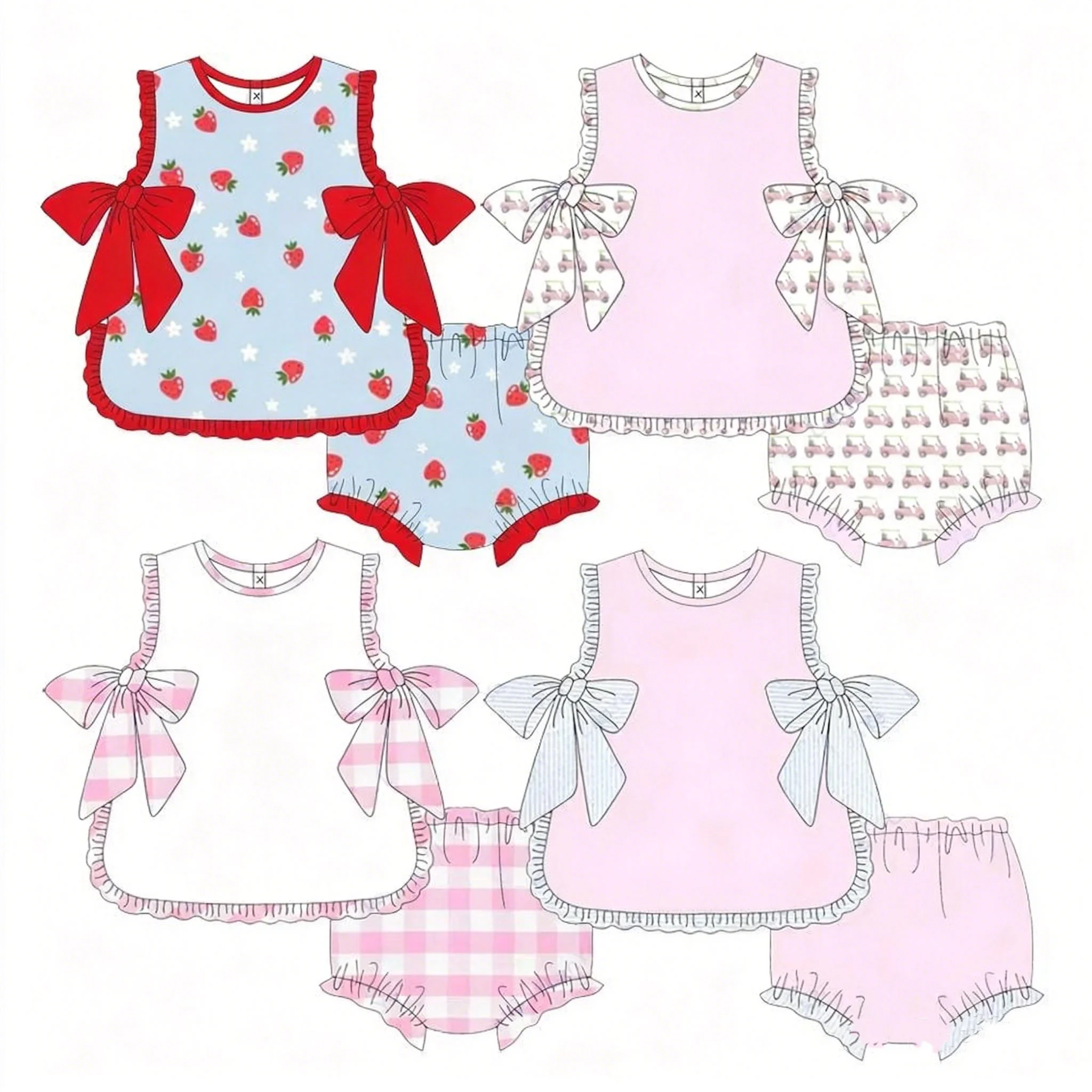 New Short Sleeve Suit Girls Summer Clothing Blue Diamond Plaid Print Bow Design Boutique Girls Clothing Wholesale