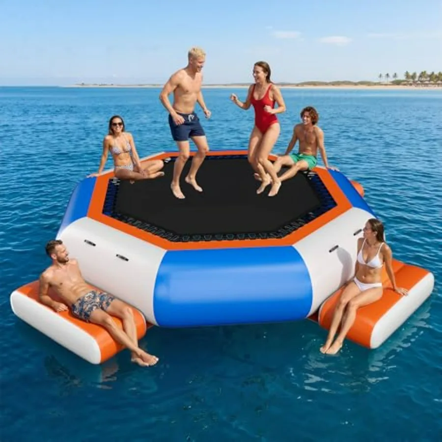 

Inflatable Water Trampoline 12FT Floating Bouncer with 3 Platforms High Elastic Net Durable PVC Large Jumping Area Electric Pum
