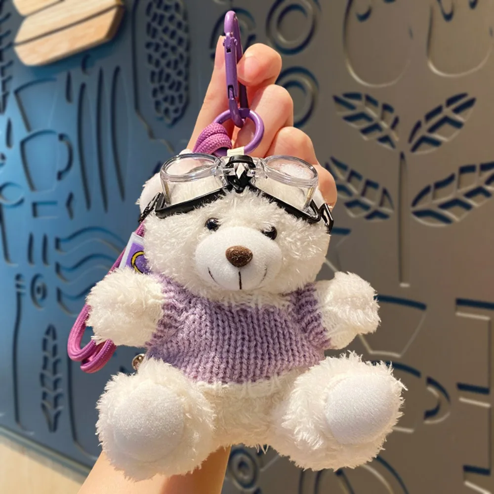Kawaii Goggles Pilot Bear Keychain Bell Hanging Rope Bear Key Ring Heart Cartoon Stuffed Animal Pendant Couple