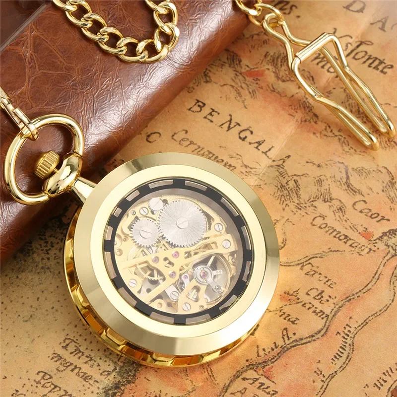 Antique Vintage Roman Numerals Dial Golden Handwinding Mechanical Pocket Watch Luminous Hands Pendant Chain Roman Number Gift