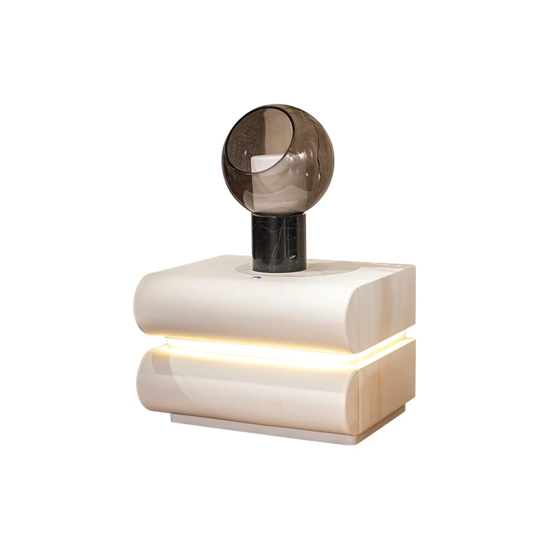 #Italian Luxury Leather Curved 2-Tier Spray Paint Built-in LED Sensor Ambient Light Hidden Handle Designer Storage Cabinet