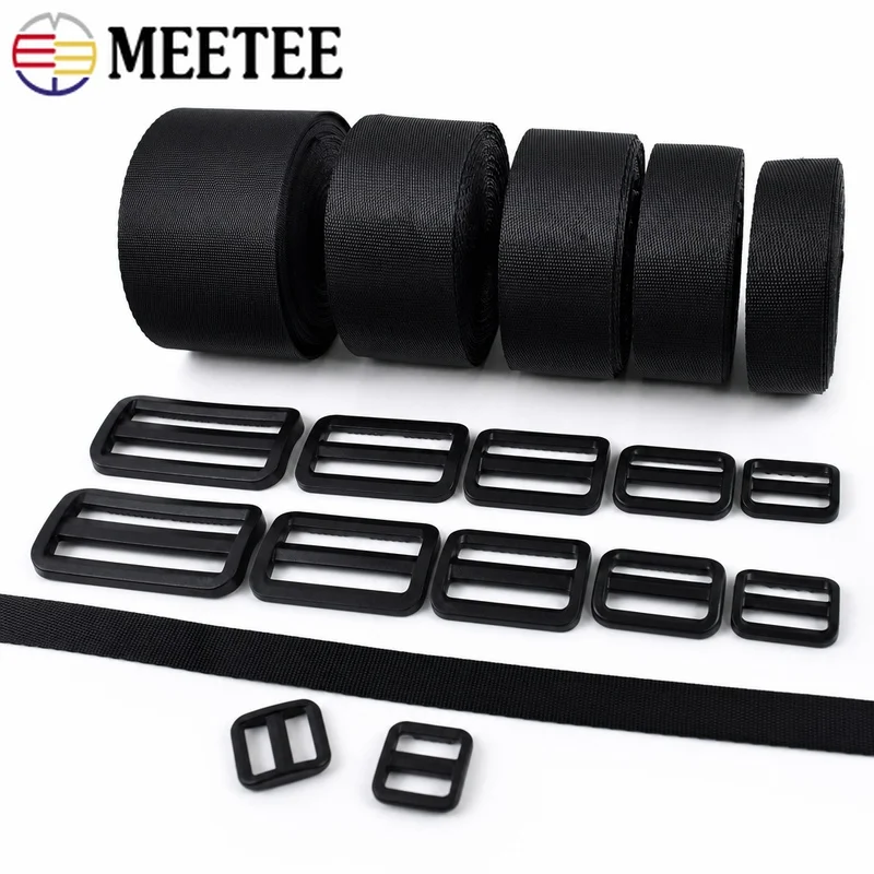 Straps and Buckles Set 15-50mm Nylon Webbing Strap Tri-glide Slide Clip Plastic Buckle for Luggage Binding Belt Clasp Fastener
