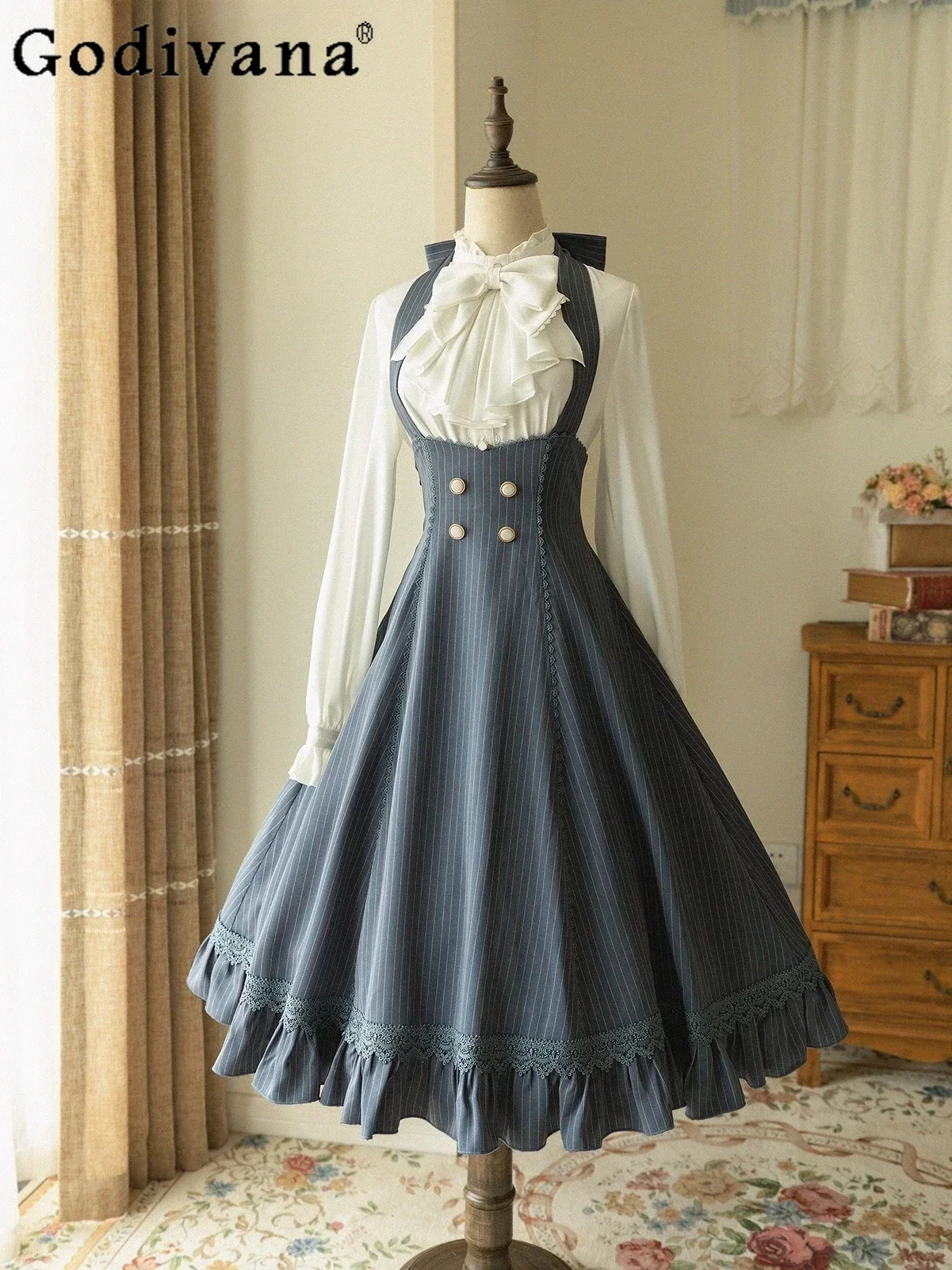 Original Japanese Vintage Long Dress Women Slim-Fit Spring Autumn Court Style White Lolita Inside Shirt Lady Halter Stripe Jsk