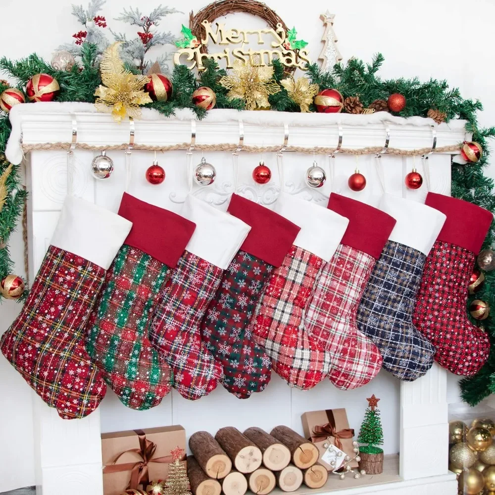 

8 Pack Christmas Stocking Plaid Snowflake Canvas Fireplace Hanging Xmas Stockings for Family Decorations Holiday Party Decor