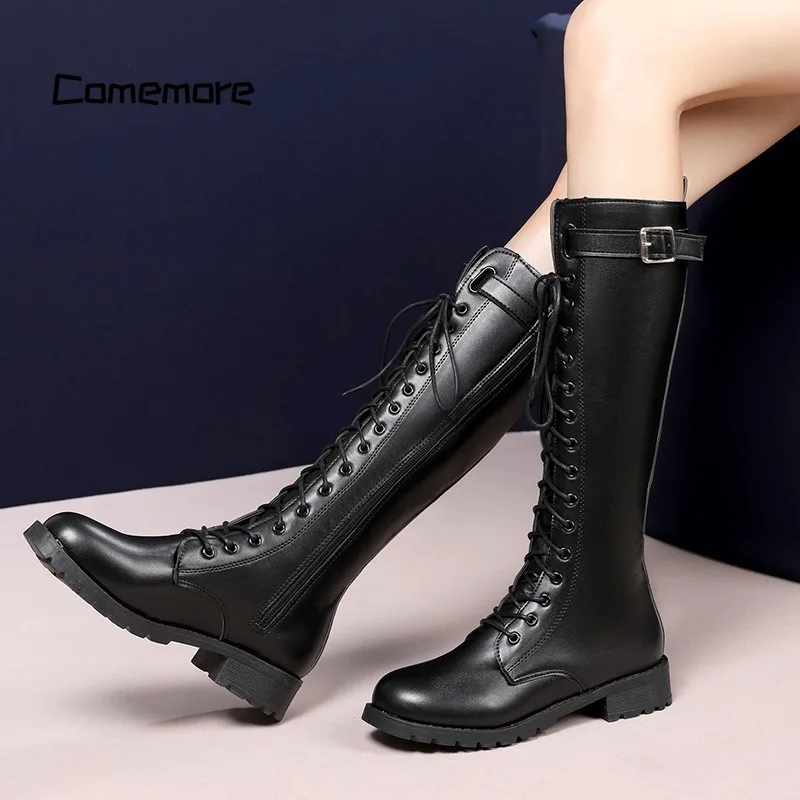 

Comemore Women 2023 New Lace Up Knight Boot Belt Buckle Female Booties Long Autumn Footwear Ladies Thigh High Boots Big Size 43