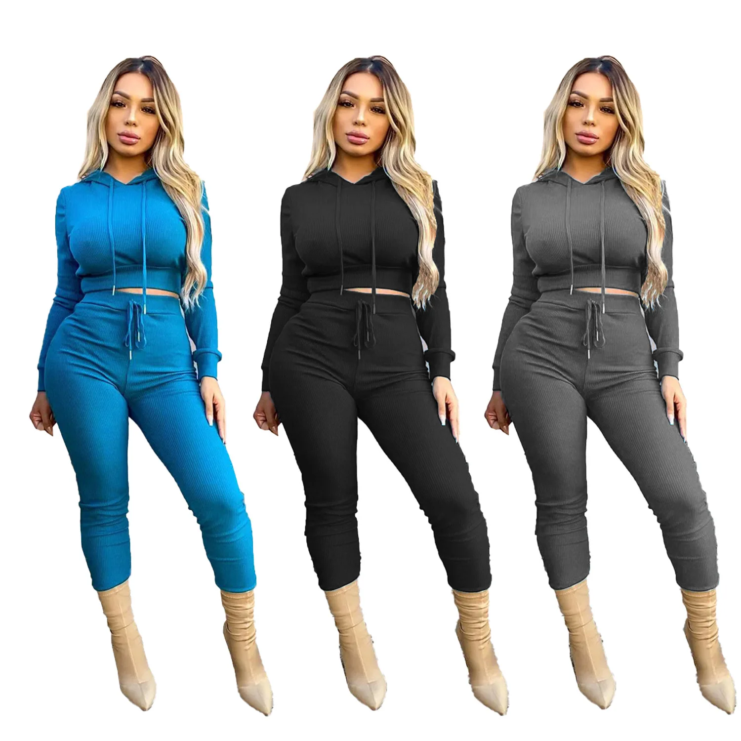 

Fashionable leggings solid color pit strip casual hooded long sleeve suit