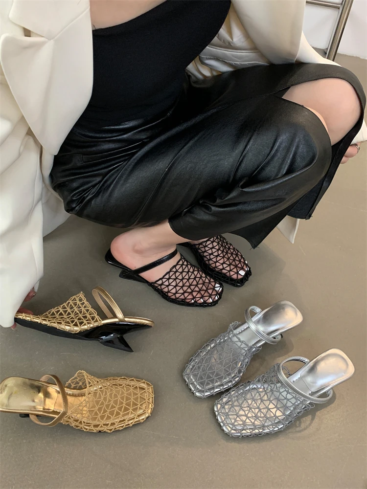 Aneikeh 2026 Summer Slippers Sandals Party Shoes for Women Fashion Strange Style Square Toe Shallow Narrow Band Weaving Slip-On