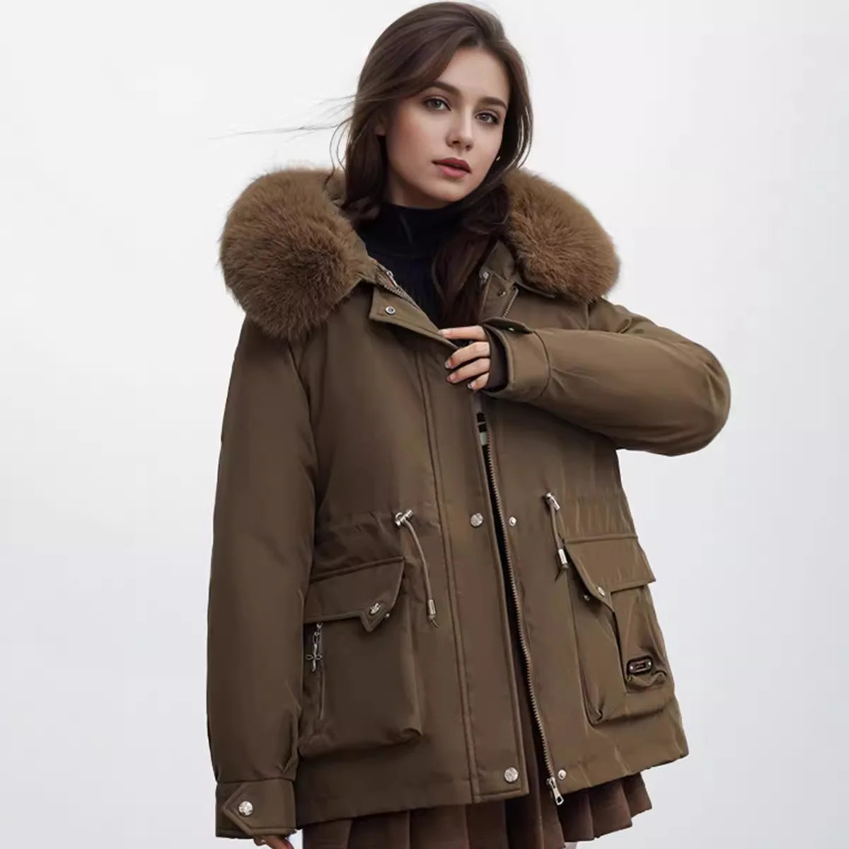 2024 Winter Women\'s Jacket Fur Collar Thicken Warm Casual Cotton Jacket Female 2 Pocket Drawstring Waist Cinching Parka Jacket