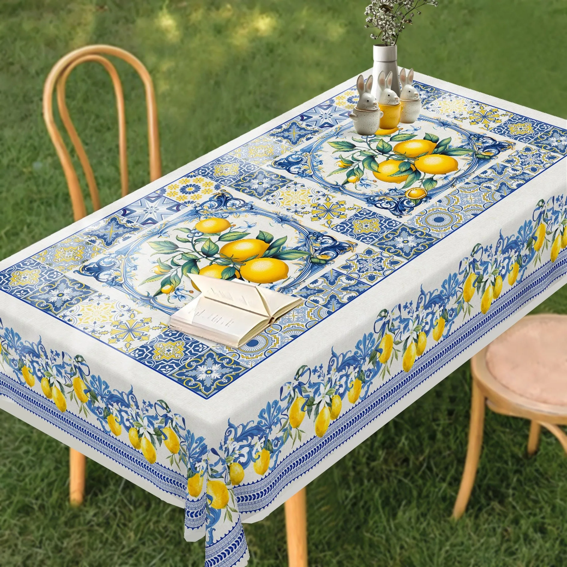 French Vintage Tablecloth - Lemon Floral Tile Pattern in Blue, Yellow, Green - Elegant Table Setting Decoration, Party Tableware, Coastal Style, Easyclean Material, Restaurant Owners, Decorative Tabletop, Fanciful Tieshower, Perfect for Room Decor