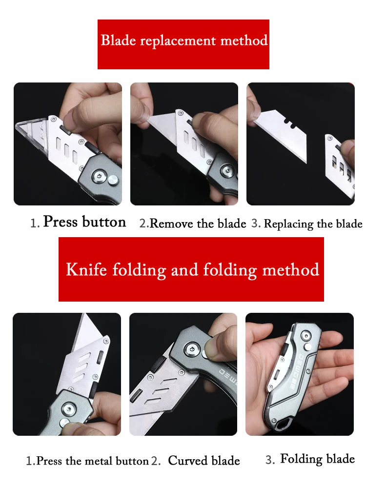 Multipurpose Folding Pocket Cutter, Utilitário de aço inoxidável, Heavy Duty, Faca profissional para tapete de couro, Ferramentas estilete