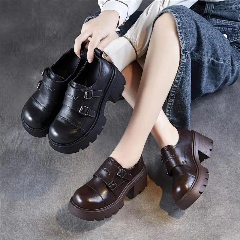 

Elevated Heel Women's Loafers Thick Bottom Genuine Leather Retro British Style Fashionable Small Leather Shoes for Ladies