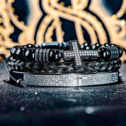 Men'S Vintage Black Onyx Beaded Bracelet with Synthetic Zirconia Cross, Bible Verses Stainless Steel Wristband Religious Jewelry