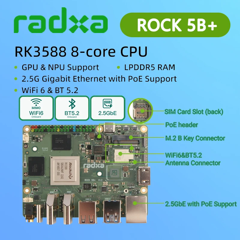 

Radxa ROCK 5B+ RK3588 Rockchip 8-ядерный процессор, 8K HDMI, поддержка графического процессора и NPU, оперативная память LPDDR5 и одной платой WiFi6