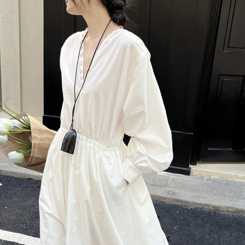

Women French V-neck Waist-tie Loose Dress with Elegant Sweet Vacation Style Fashion Long-sleeved Simple Vintage Lady Long Dress