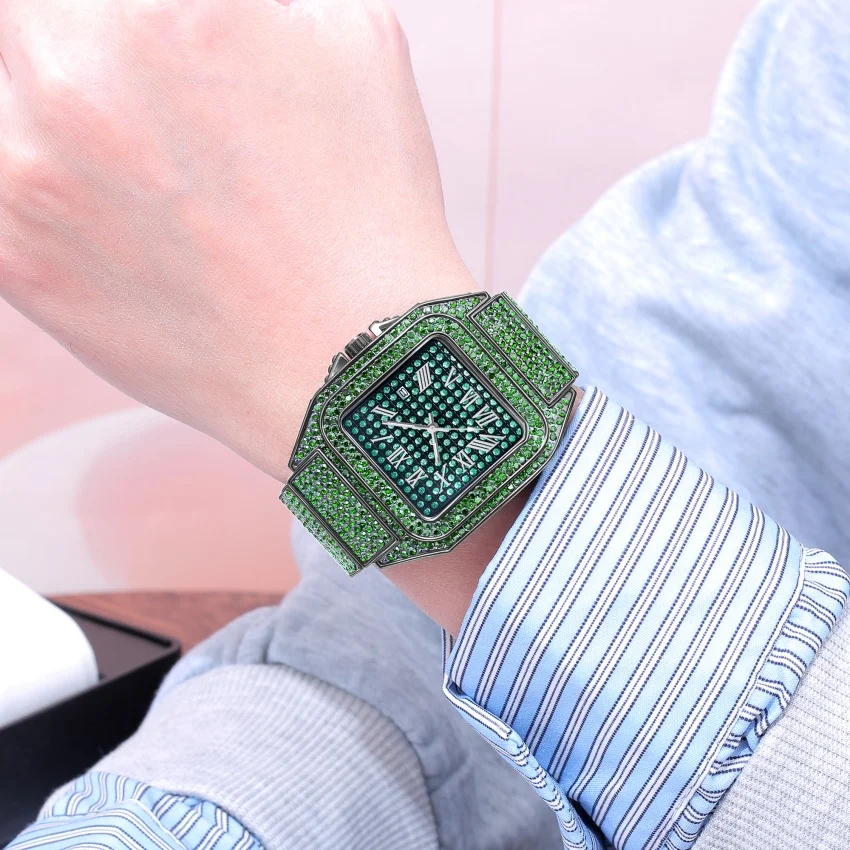 Green Diamond Iced Out Watch Black Plated 24mm Width Roman Numerals Dial Quartz Wristband Watch for Men Women view 4