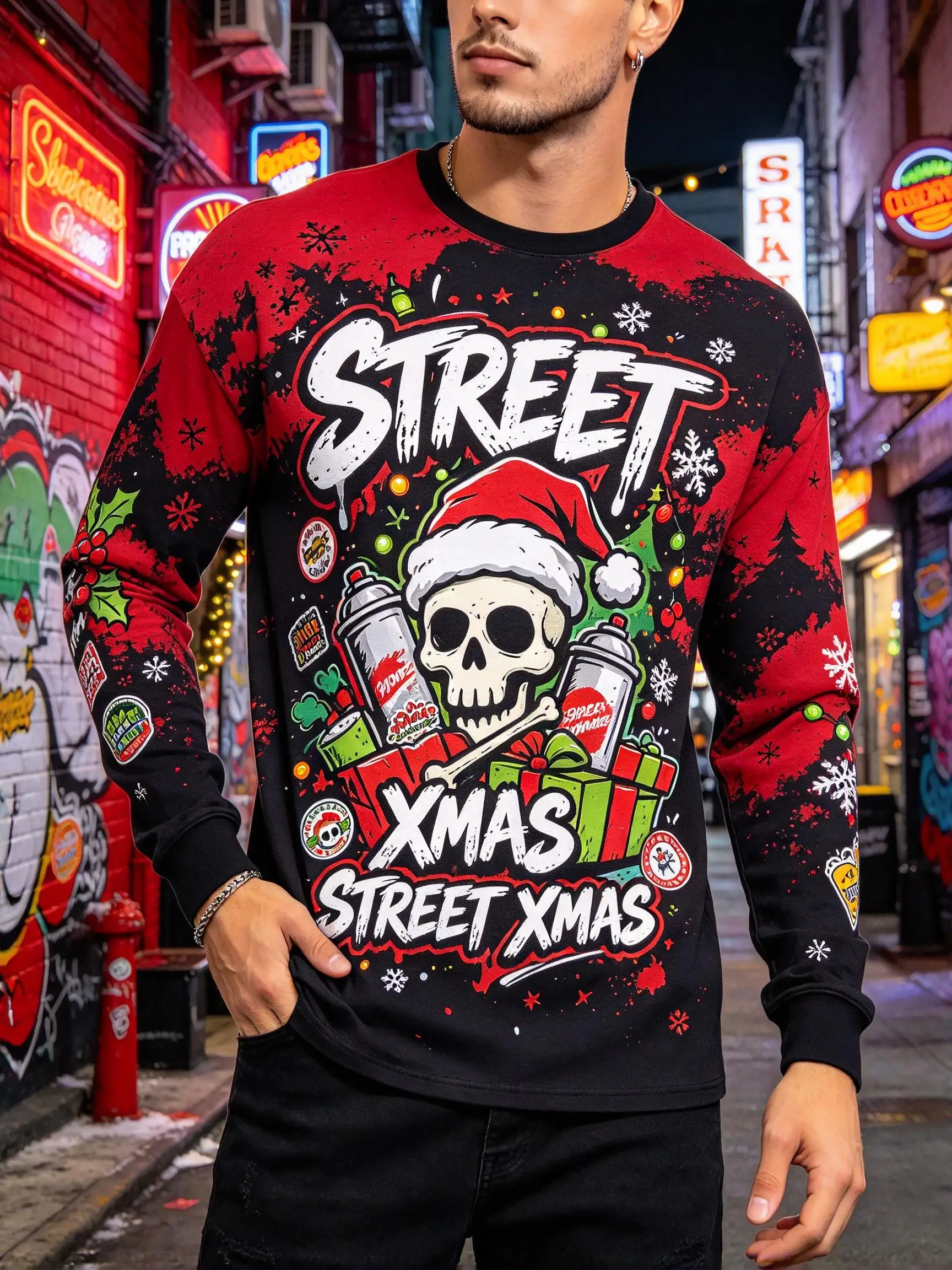 Ugly Christmas Men Long Sleeve T-shirt, Street Graffiti Skull Santa Hat Spray Paint Gift Full Print Casual Xmas Tee Tops