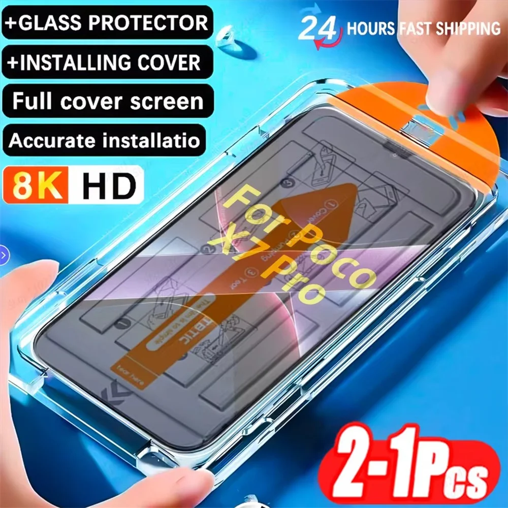 

2-1PCS Oleophobic Coating Tempered Glass For Poco X7 Pro X6 X5 X4 F6 F3 F4 M5 F7 Pro Screen Protector Easy Install Auto-Dust Box
