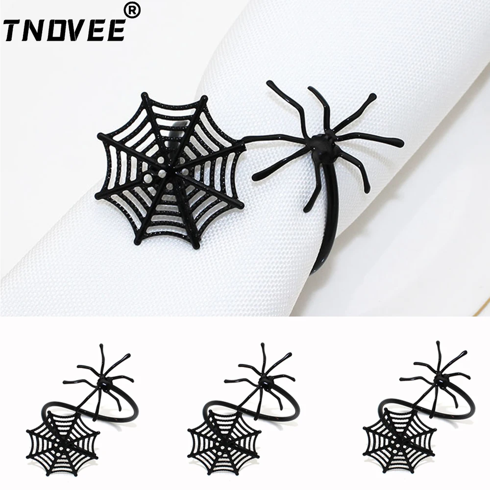 12Pcs Spider Web with Spiders Napkin Rings Black Metal Gothic Decor, Halloween Tableware for Haunted House Party Bar