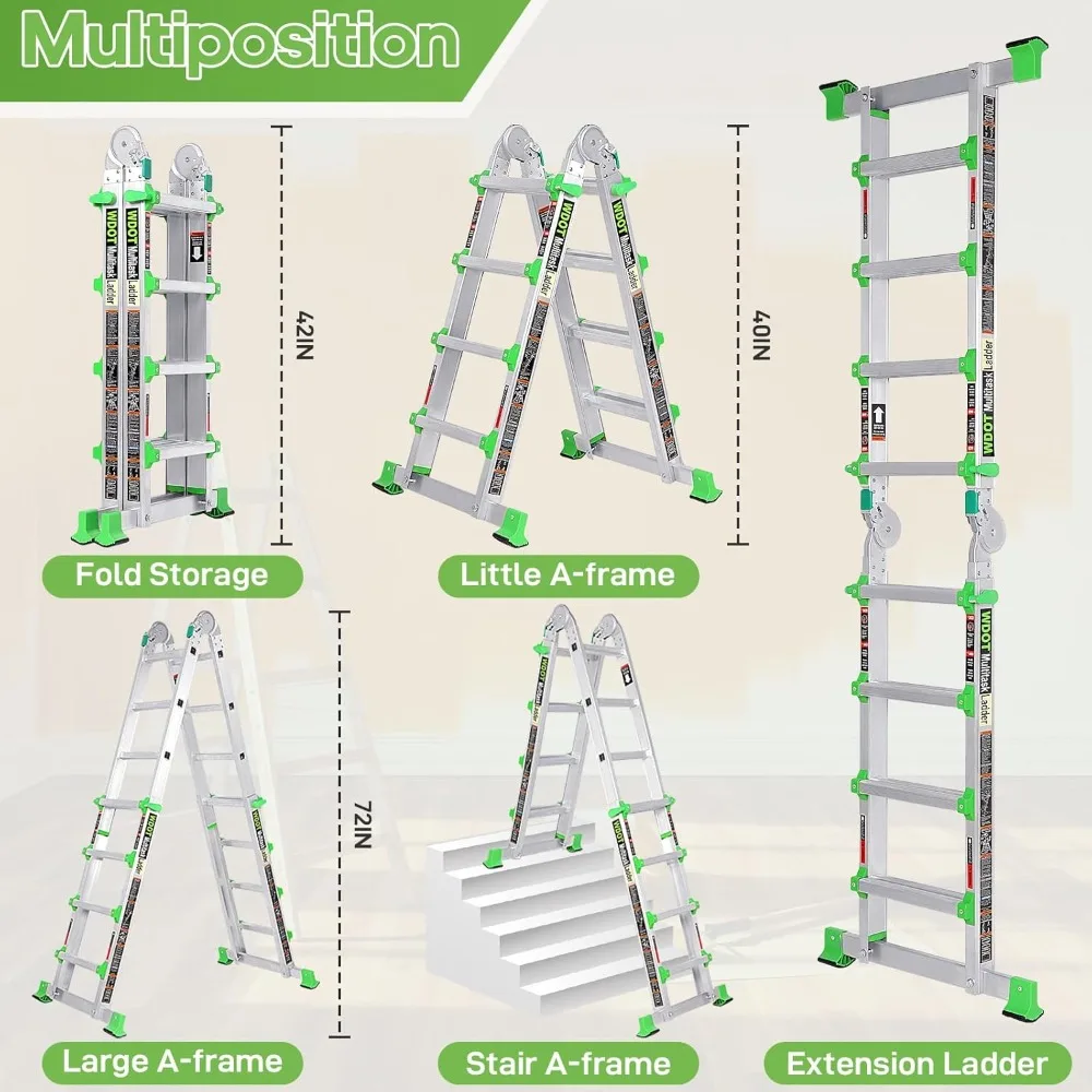 Ladder, Extension Ladders for Home Stairs 14 Ft, 4 Step Multi Position A Frame Ladder with Stabilizer Bar, Compact Folding