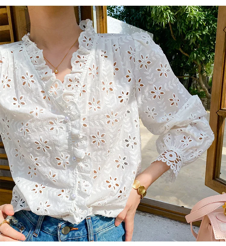GypsyLady French Style Sexy Blouse Shirt Floral Boho Cotton Loose Sheer Hollow Out Vintage Vocation Ladies Women Casual Tops New