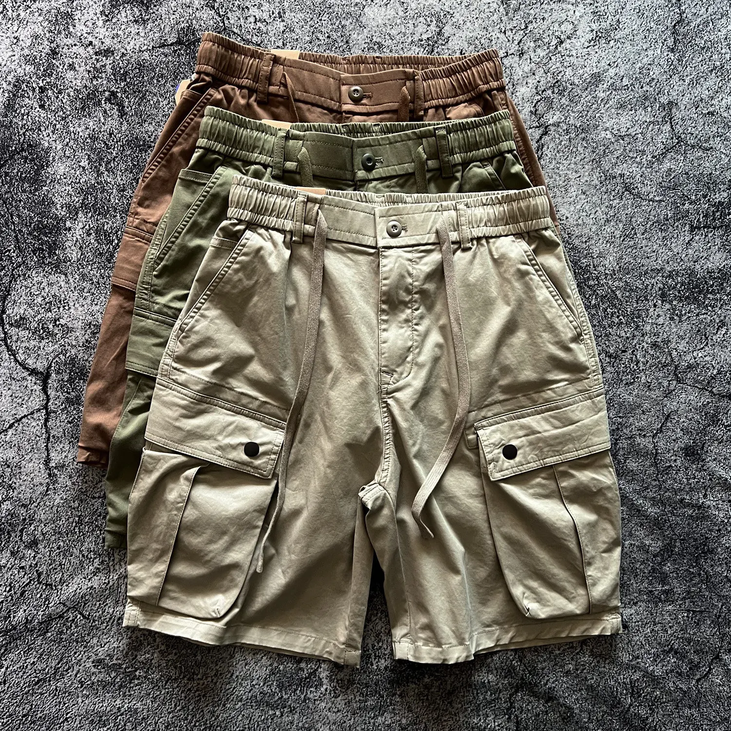 American Retro Mid-Weight Stretch Solid Color Drawstring Elastic Waist Multi-Pocket Cargo 5" Shorts for Men Summer Casual Shorts