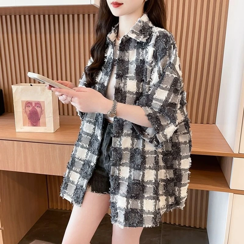 

Женская рубашка в клетку с коротким рукавом и воротником, свободного кроя, повседневная летняя верхняя одежда в стиле Lazy Style