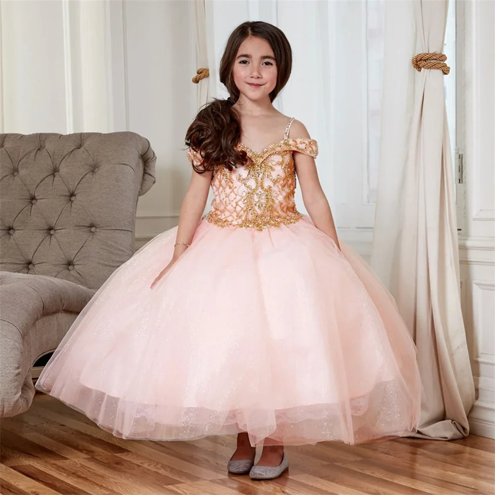 Classic Spaghetti Strap Off The Shoulder Pleat Luxury Flower Girl Dress Ankle Length Full Ball Wedding Party Girl Gown New