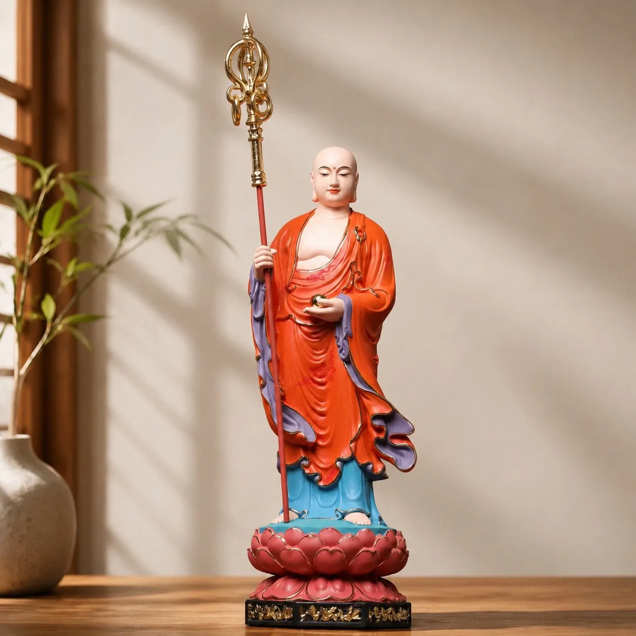 Hand Carved Hinoki Wood Ksitigarbha Bodhisattva Statue with Gold Leaf Accents for Traditional Asian Home Altar Decor Gift