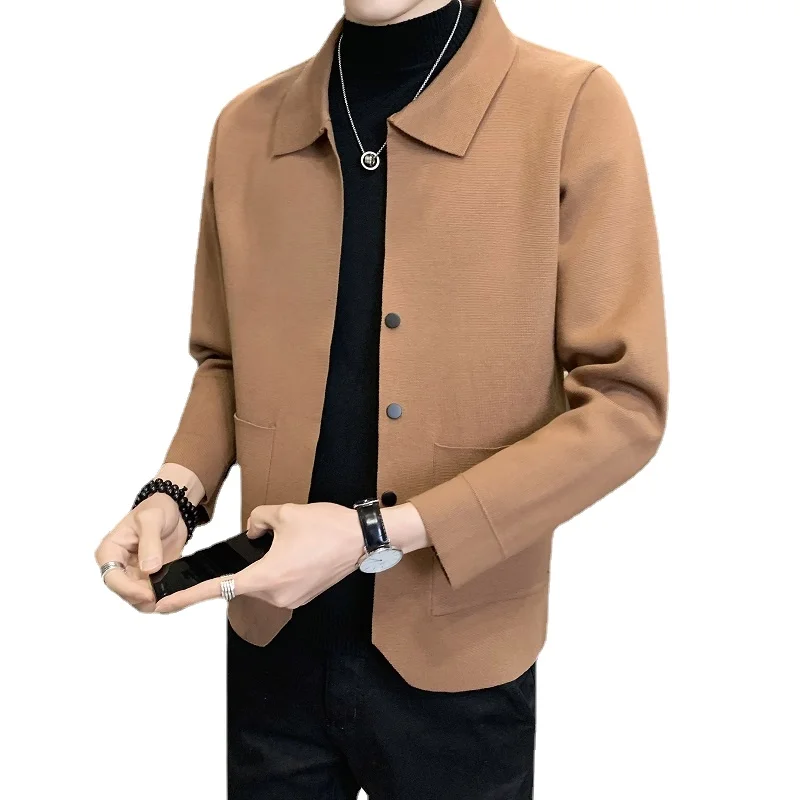 Men's Knitted Cardigan Solid Color Small Suit Style Wool Sweater Jacket