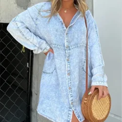 Loose Shirt Dress Denim Women 2025 New Jeans Dresses Casual Turn Down Collar Lantern Sleeve High Waist Maxi A Line Vestidos