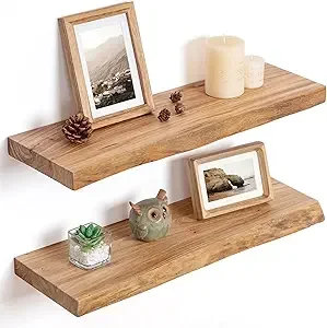 Rustic Elm Wood Live Edge Wall-Mounted Floating Shelves with Hidden Brackets