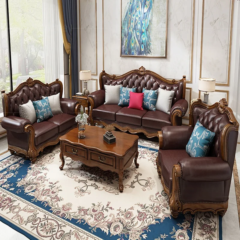 

All solid wood light luxury double leather sofa simple retro living room