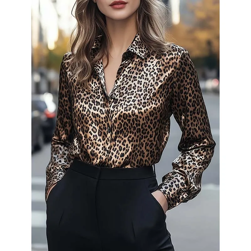

Women's Fashion Leopard Print V Neck Blouse Soft Satin Loose Top Edgy Valentine Spring Summer Denim Chic Daily Lightweight Top