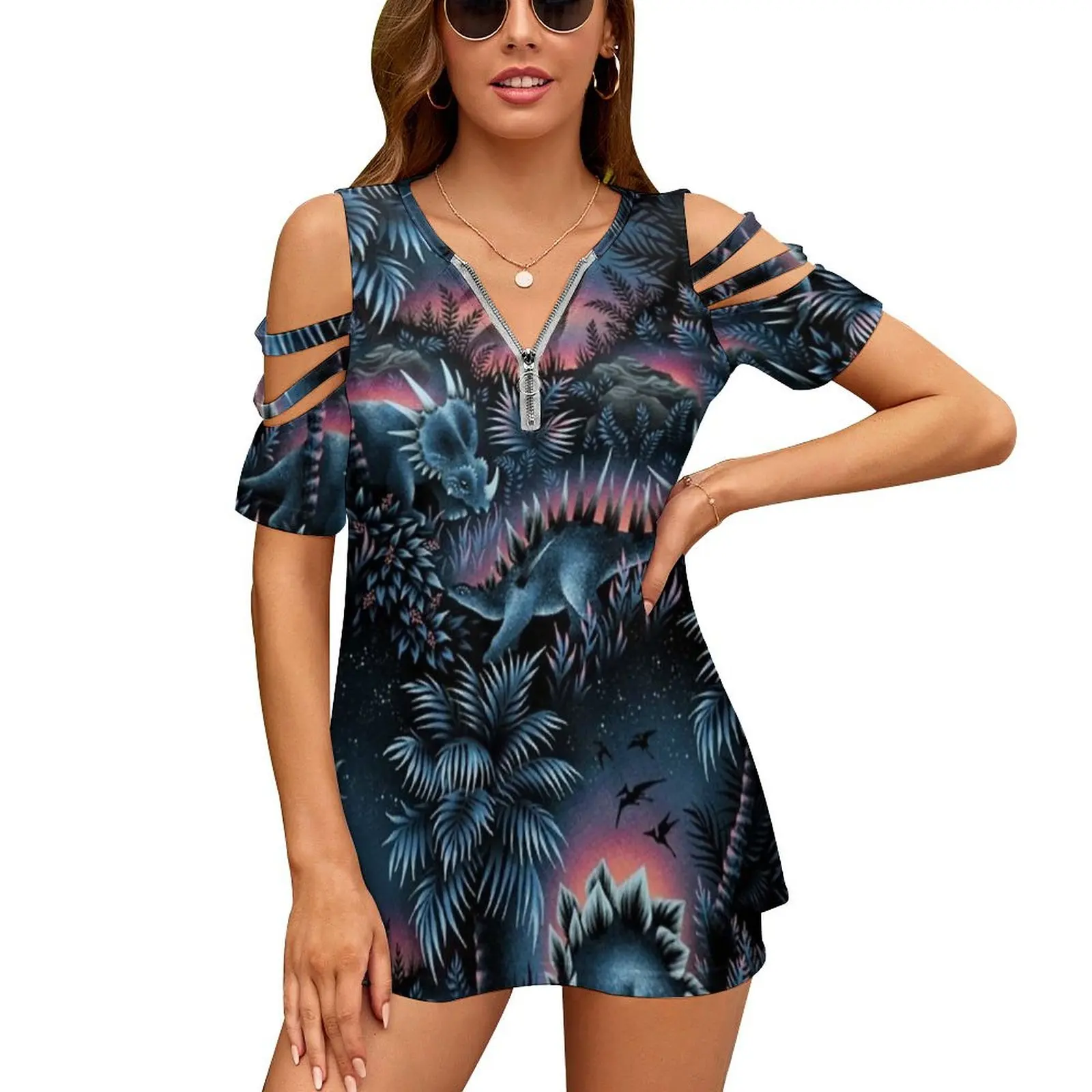 Dinosaur Lagoon-Blue / Pink Women's T-Shirt Summer Fashion Print Floral V-Neck Zipper Tshirt Hollow Pullover Ladies Top