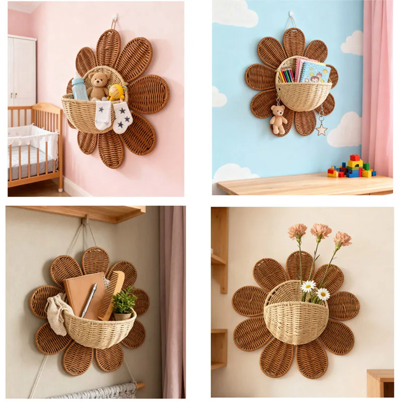 Bohemian Flower Shaped Rattan Wall Vase Hanging Basket Handwoven Wicker Wall Decor for Home Dried Flowers Boho Style Interiors