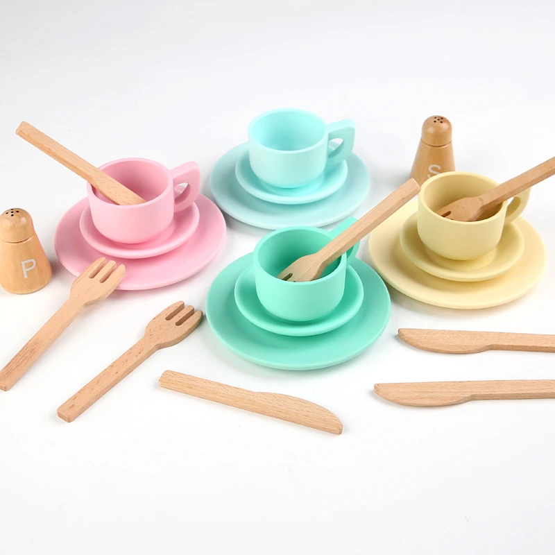Houten Afternoon Tea Set Kinderen Gesimuleerde Keuken Speelgoed Speelhuis Rollenspel Theeservies Accessoires Voor Kind Vroeg Onderwijs