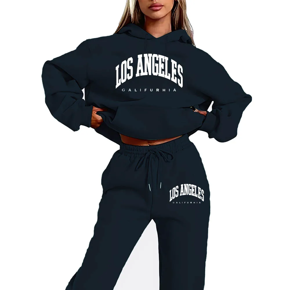 LOS ANGELES Womens Tracksuit Autumn Winter Warm Printing Hooded Sweatshirts Suit Fashion Casual High Quality Jogging Pants Sets