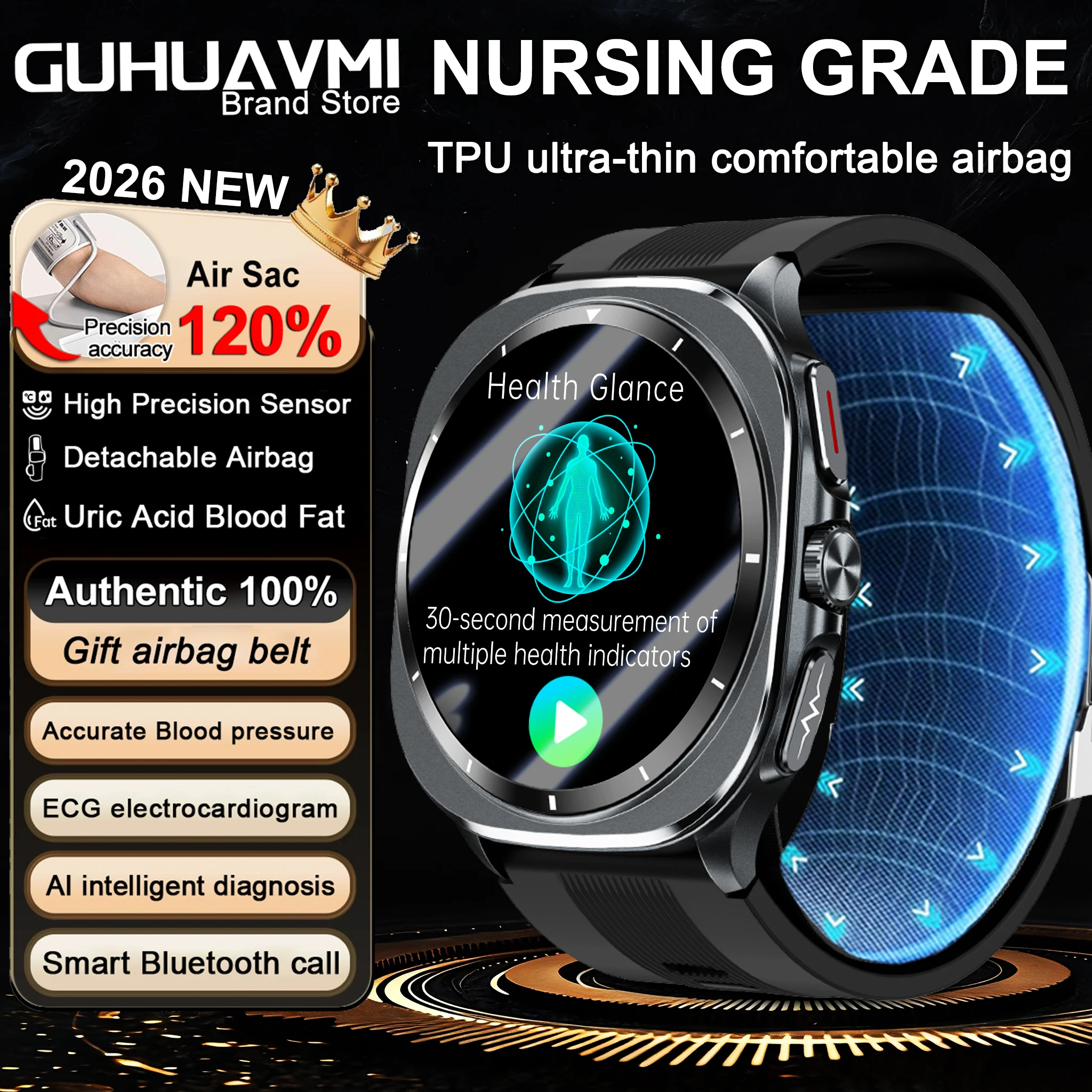 2026 nuevo reloj inteligente bomba de aire ácido úrico presión arterial con precisión ECG + PPG Airbag reloj inteligente monitoreo de salud hombres mujeres