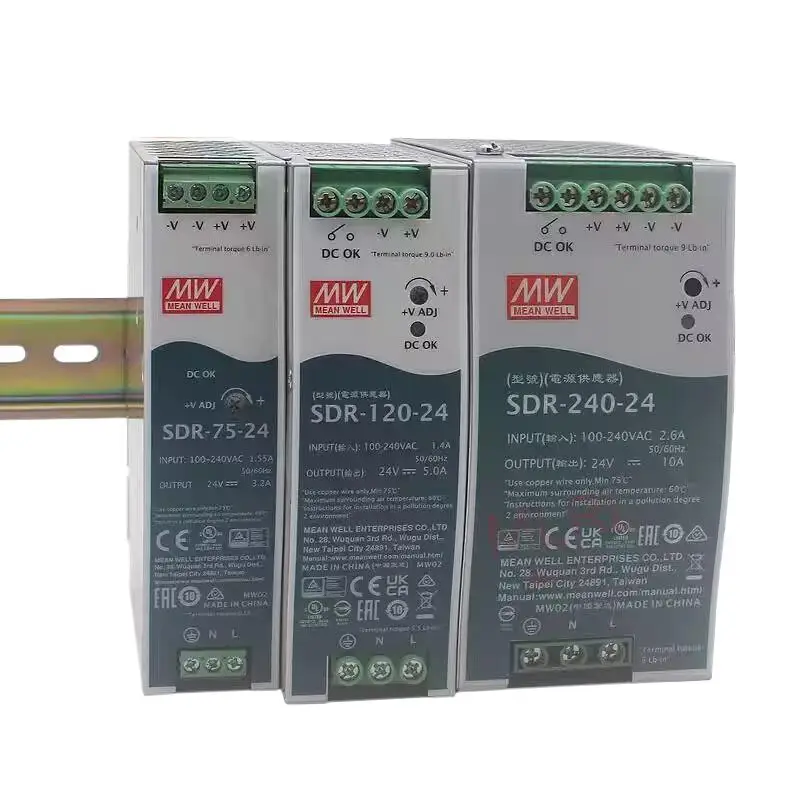Mean Well SDR-120-24 DIN Rail Switching Power Supply with 12V/24V/48V output, 5A/10A/20A current, and 75W/240W/480W rated power