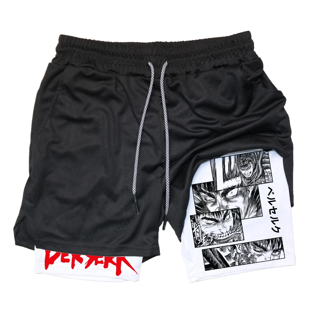 Anime Gym Shorts Men’s Double Layer 2-In-1 Quick-Drying Sweat-Absorbent Gym Shorts Men With Pockets Stretchy Running Shorts Men