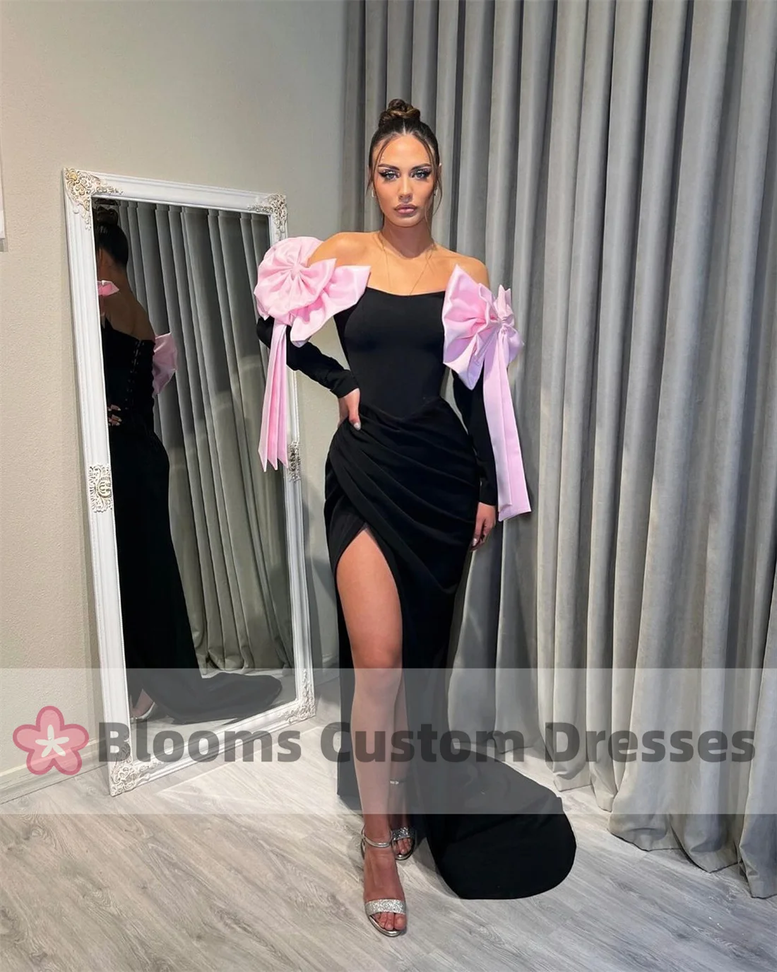 Blooms Strapless Black Long Sleeves Prom Dress With Pink Bow High Slit Mermaid Wedding Formal Ocassion Gown Evening Dress