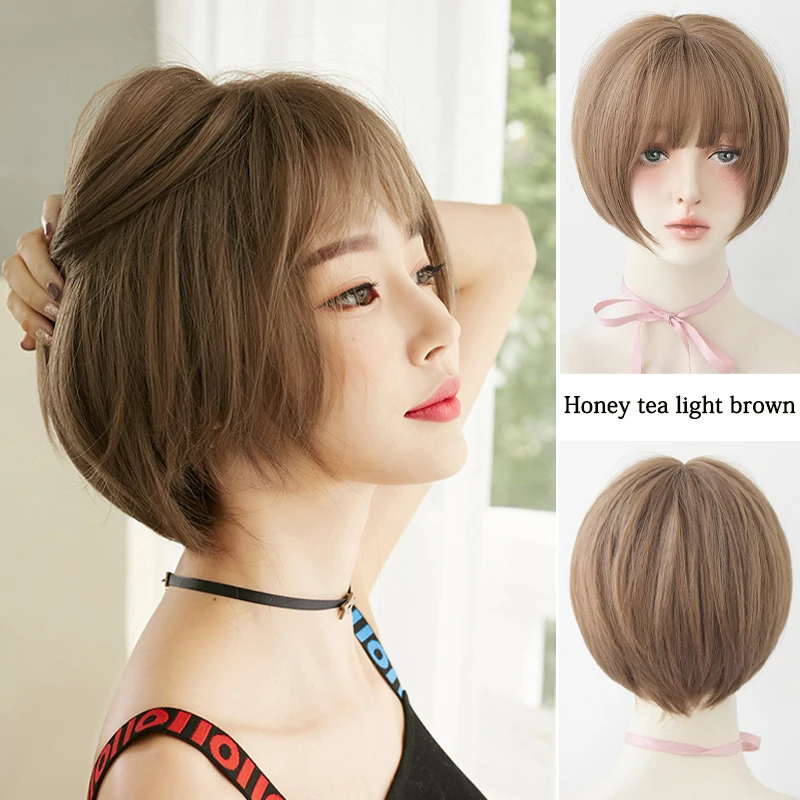

12-Inch Honey Tea Flaxen Short Bob With Bangs And Synthetic Hair Is Suitable For Women'S Daily Party Halloween Cosplay Wigs