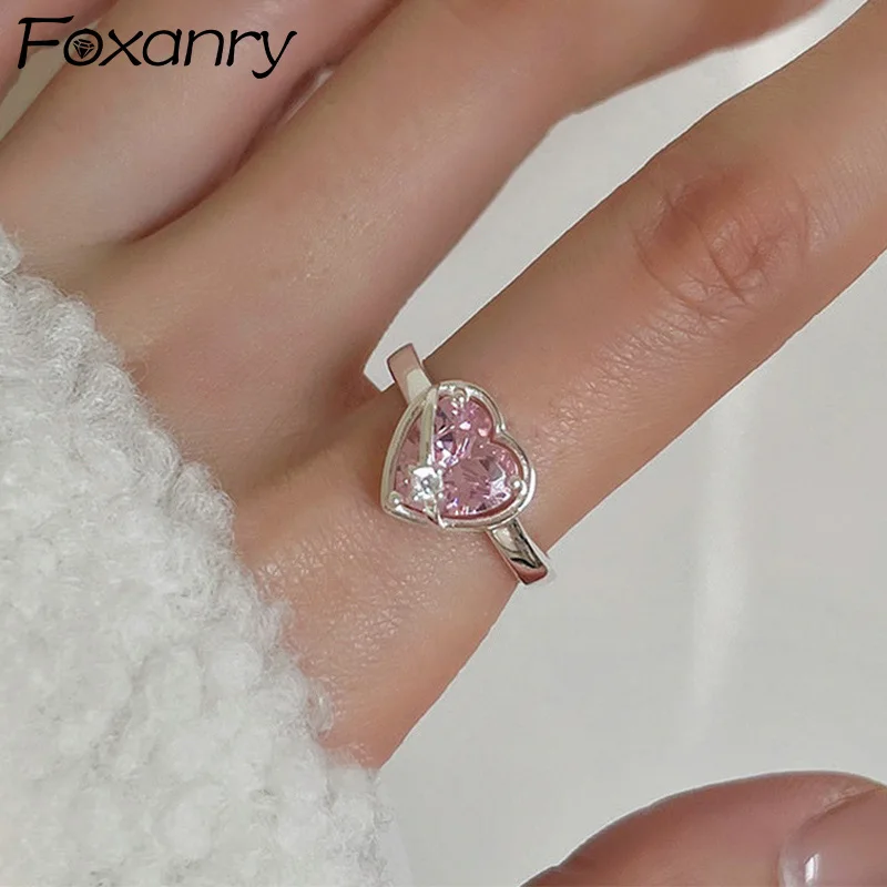 Foxanry Pink Love Herz Zirkon Ringe für Frauen Mädchen süße trend ige klassische Temperament sanfte