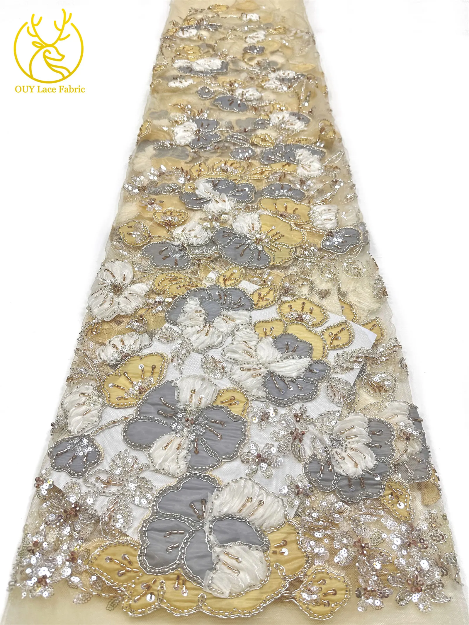 Afrikanischer Spitzenstoff, hochwertige französische Blumenstickerei, Perlen, Pailletten, Tüll, Netzspitze für Frauen, Hochzeitskleid, Nähen, 5 Yards – Detail 10