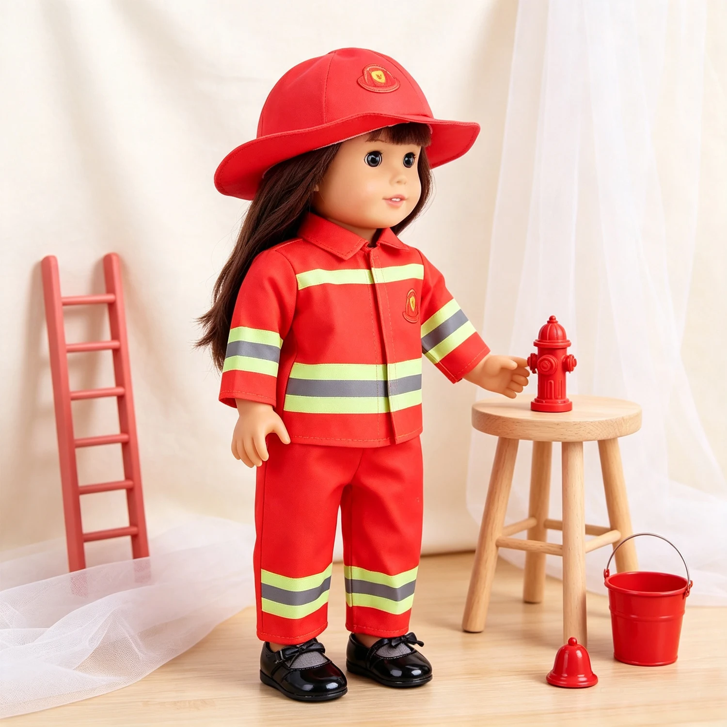 Red Firefighter Doll Uniform Set Top Pants Hat + Shoes Doll  Clothes Outfit Accessories For 18-Inch American & OG Girl Dolls Toy - view 6
