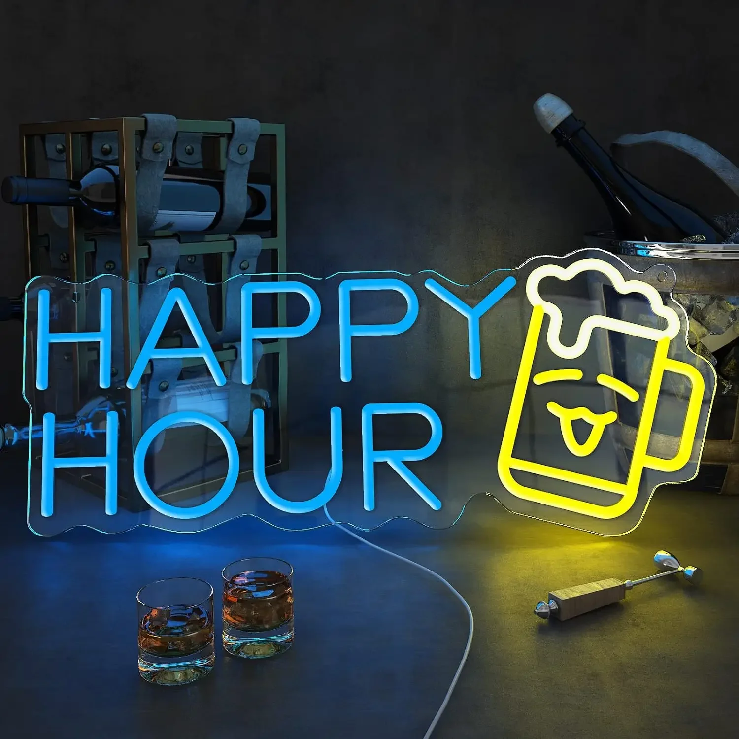 Happy Hour Neon Sign Blue Yellow Beer LED Wall Art Funny Glow USB Powered Dimmable Acrylic Lamp Home Bar Party Decor
