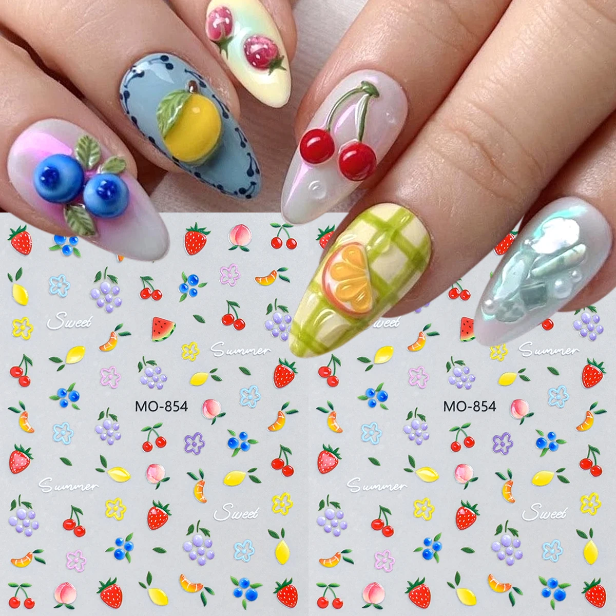 3D Embossed Fruit Nail Art Stickers, Summer Fruit Nail Stickers, Strawberry, Blueberry, Watermelon, Summer Nail Design Stickers