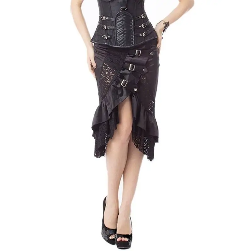 Spódnica midi w stylu gotyckim punk z koronkowym wykończeniem, asymetryczna, z wysokim stanem, chińska kolekcja zimowa, moda damska.