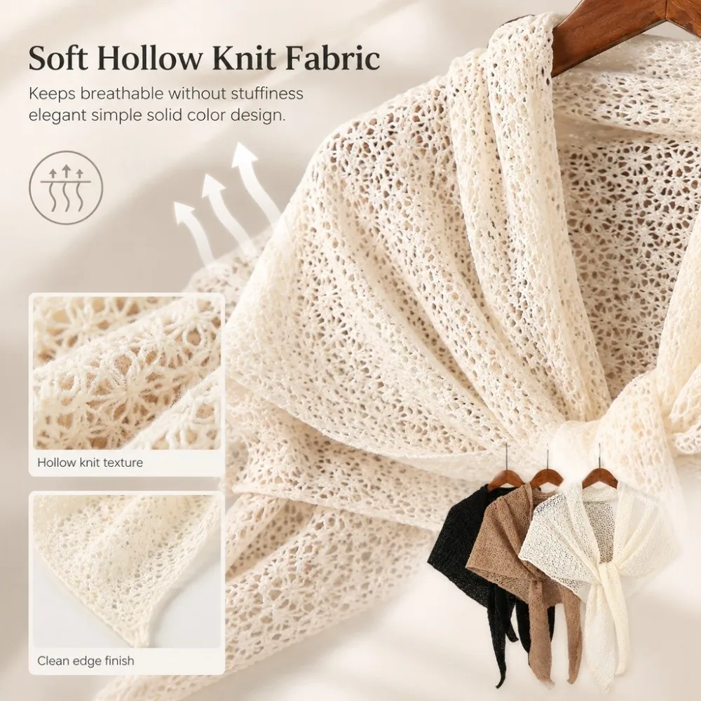 Fashion Hollow Out Knitted Shawl Breathable Thin Knit Triangle Wrap Solid Color Triangular Shape Scarf Coverup Sun Protection